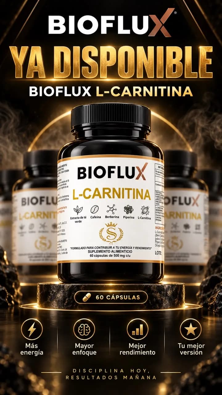 Frasco de Bioflux sobre un pedestal, con dos frascos más detrás, y el texto “Ya disponible”