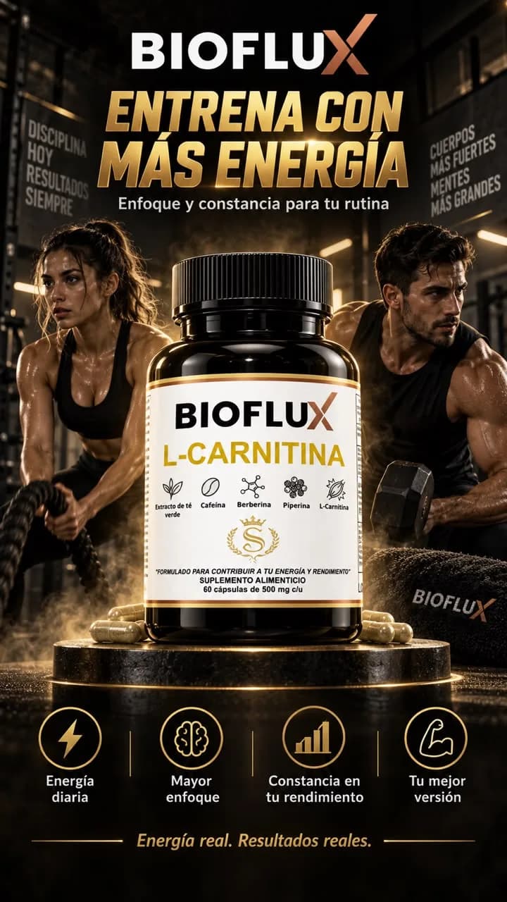 Una mujer y un hombre entrenando en el gimnasio detrás del frasco de Bioflux, con el texto “Entrena con más energía”
