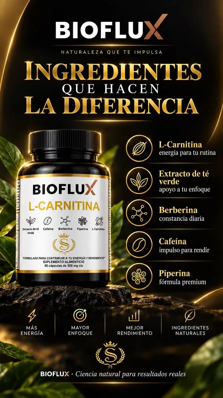 Frasco de Bioflux entre hojas verdes junto a la lista de sus cinco ingredientes, con el texto “Ingredientes que hacen la diferencia”