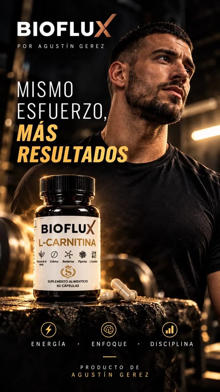 Hombre en el gimnasio detrás del frasco de Bioflux, con el texto “Mismo esfuerzo, más resultados”