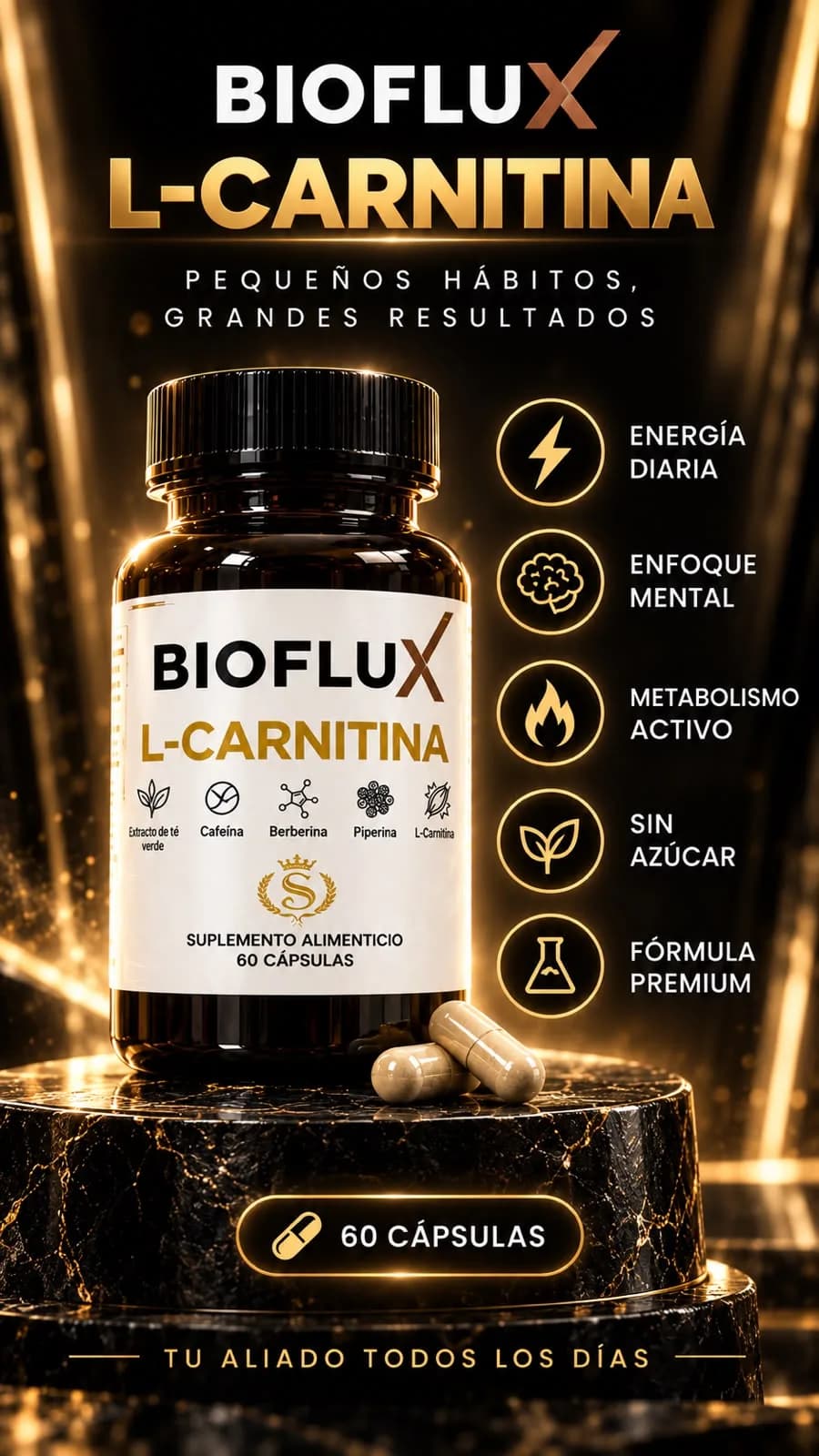 Frasco de Bioflux sobre un pedestal con cápsulas, con el texto “L-Carnitina. Pequeños hábitos, grandes resultados”