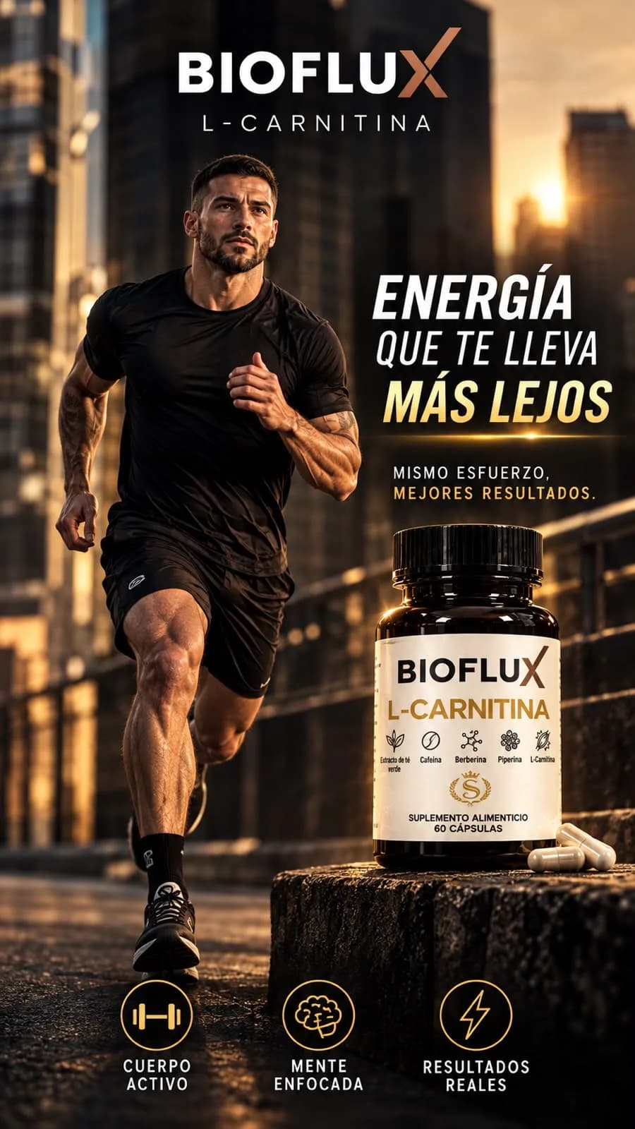 Hombre corriendo por la ciudad al atardecer junto al frasco de Bioflux, con el texto “Energía que te lleva más lejos”