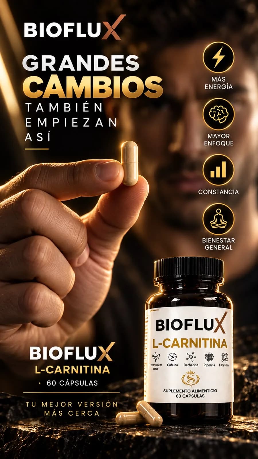 Una mano sosteniendo una cápsula junto al frasco de Bioflux, con el texto “Grandes cambios también empiezan así”