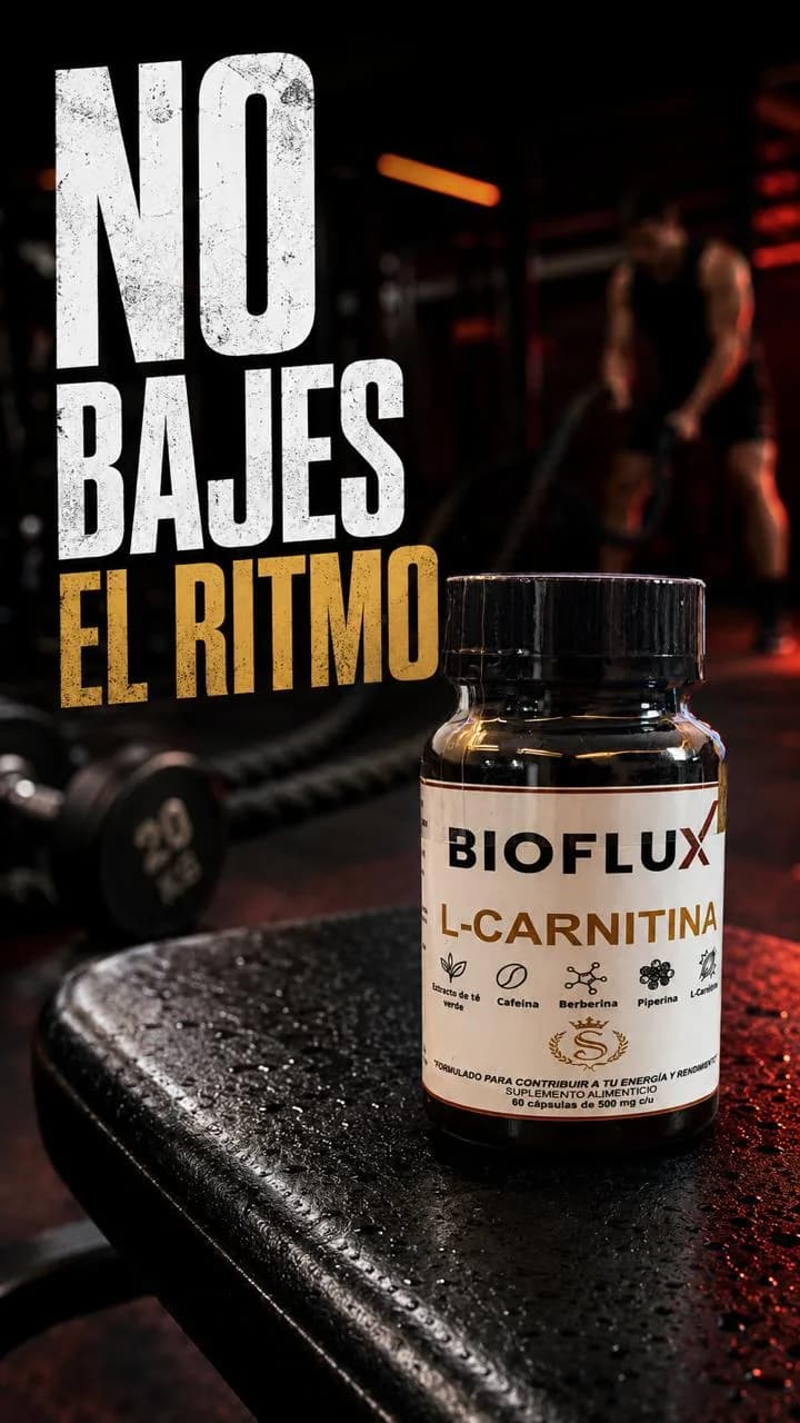 Frasco de Bioflux sobre un banco de gimnasio, con mancuernas detrás y el texto “No bajes el ritmo”