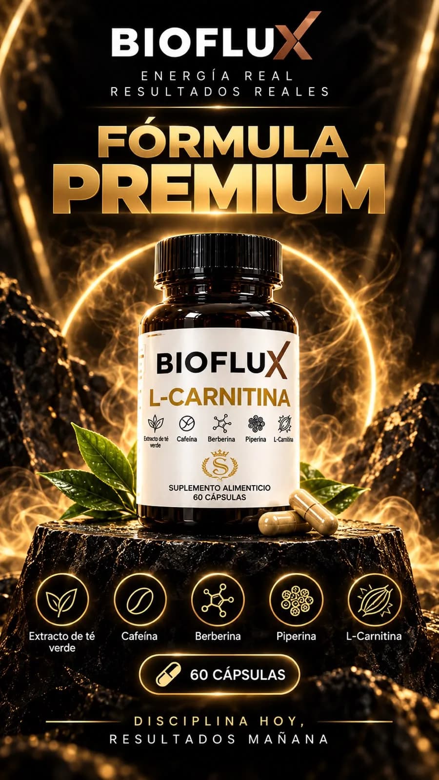 Frasco de Bioflux entre destellos dorados junto a los íconos de sus cinco ingredientes, con el texto “Fórmula premium”