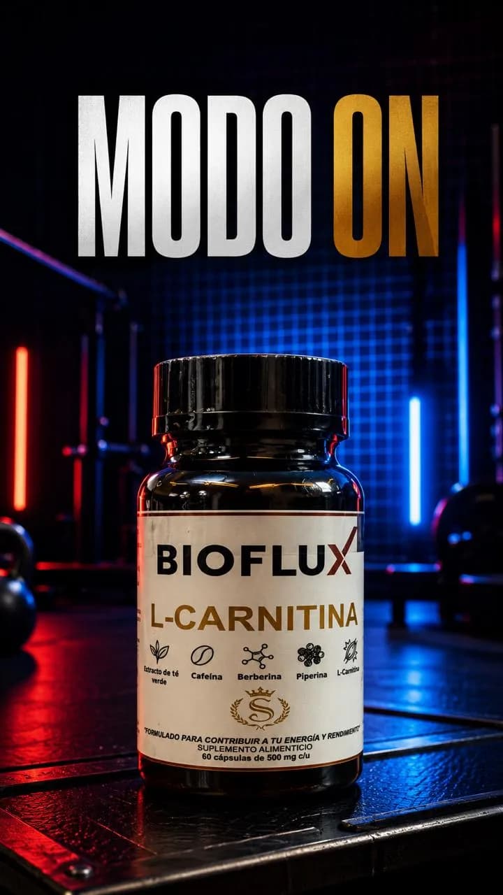 Frasco de Bioflux en un gimnasio con luces de neón, con el texto “Modo ON”