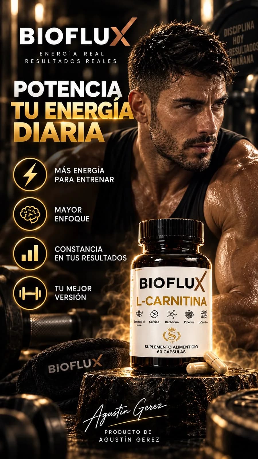 Hombre entrenando en el gimnasio junto al frasco de Bioflux, con el texto “Potencia tu energía diaria”
