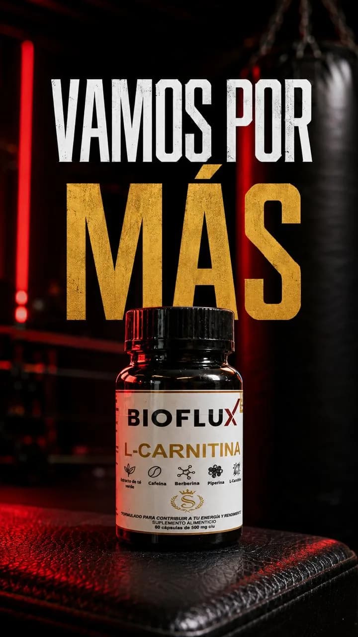 Frasco de Bioflux sobre un banco de gimnasio frente a un saco de boxeo, con el texto “Vamos por más”