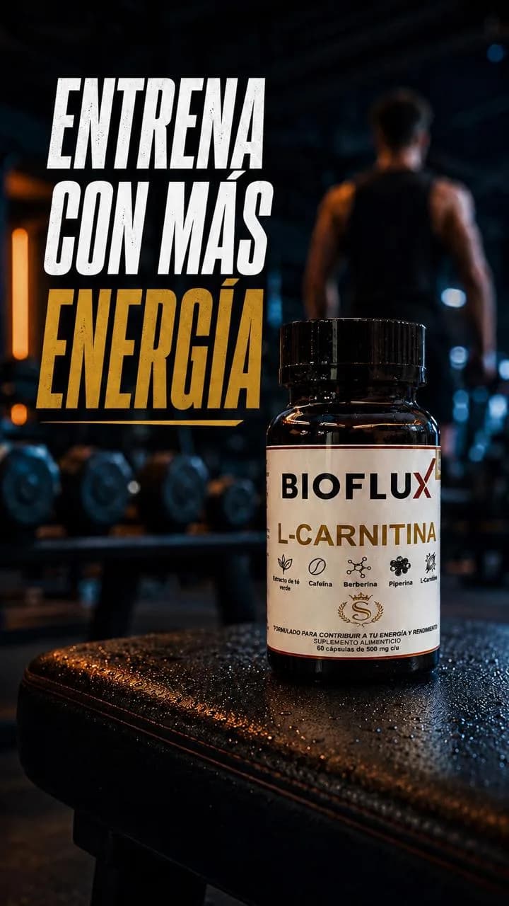 Frasco de Bioflux sobre un banco en un gimnasio con mancuernas y un hombre entrenando al fondo, con el texto “Entrena con más energía”